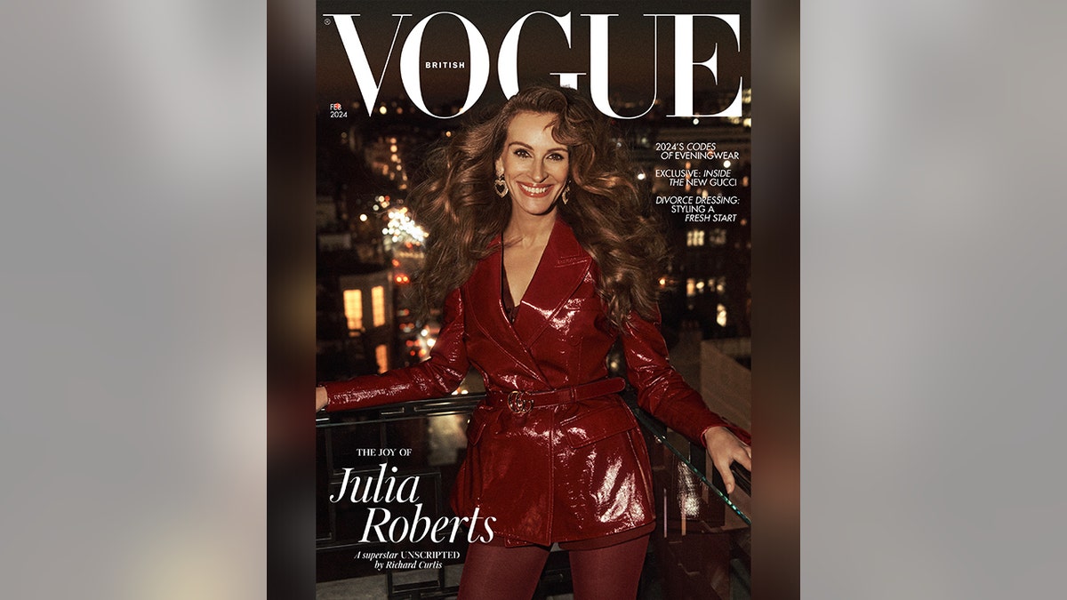 Julia Roberts in a red jacket and shorts on the cover of British Vogue