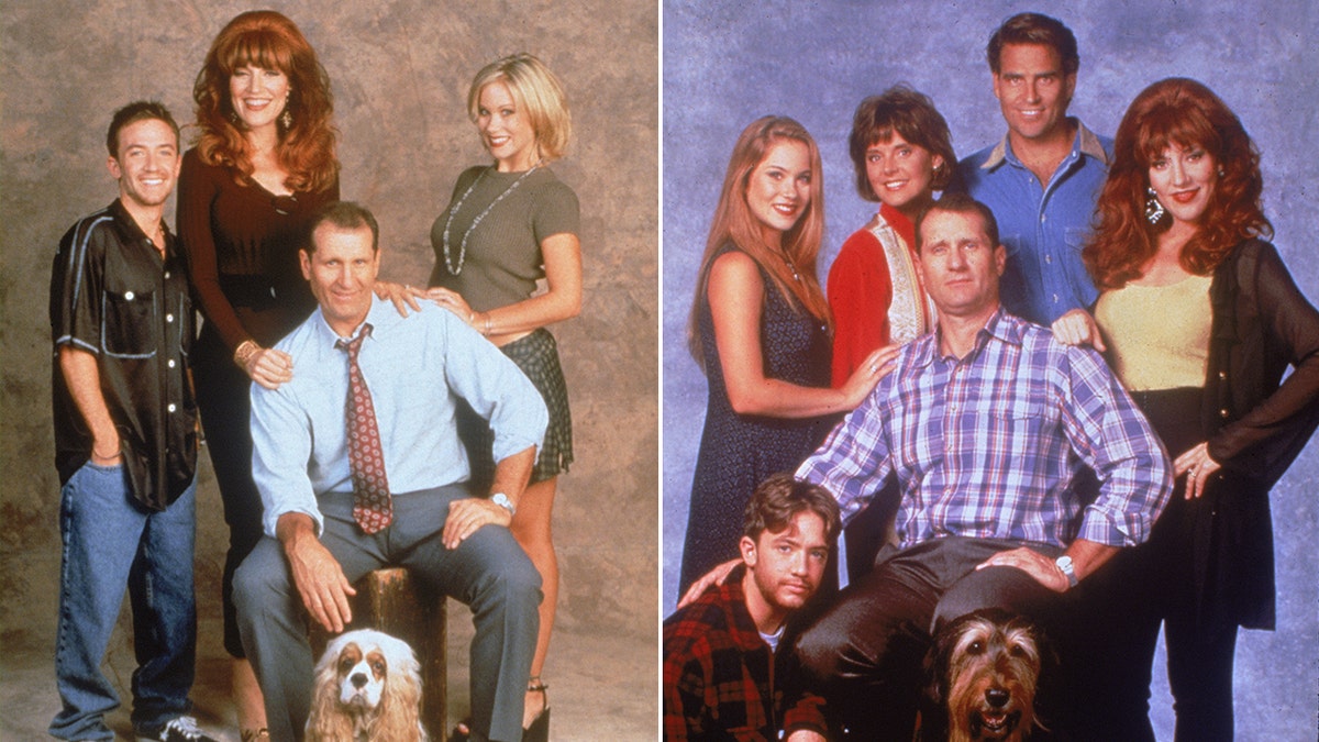 On the left, a picture of the Bundy family from "Married...With Children." On the right, additional characters Amanda Bearse and Ted McGinley as Jefferson and Marcy D'Arcy with the Bundy family.