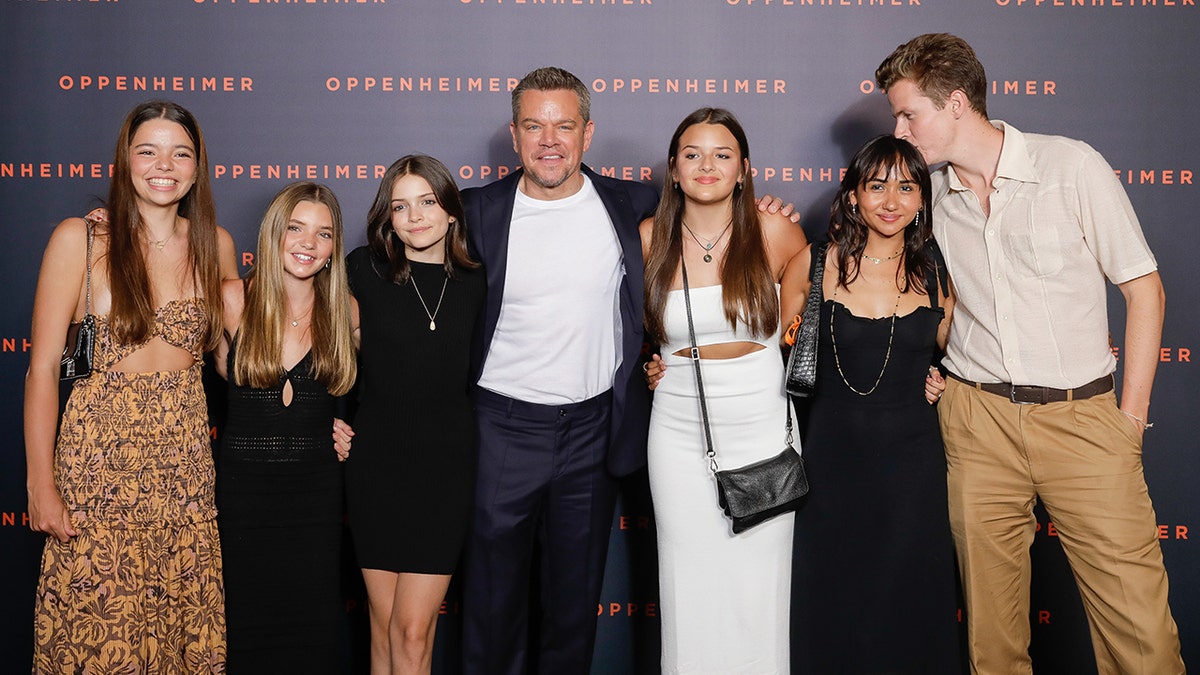 Matt Damon at the "Oppenheimer" premiere with three of his four daughters and two additional guests