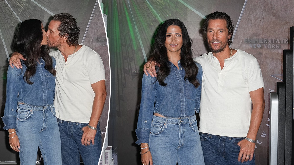 Matthew McConaughey kisses his wife Camila Alves in a jean outfit split the couple poses for a photo at the same event