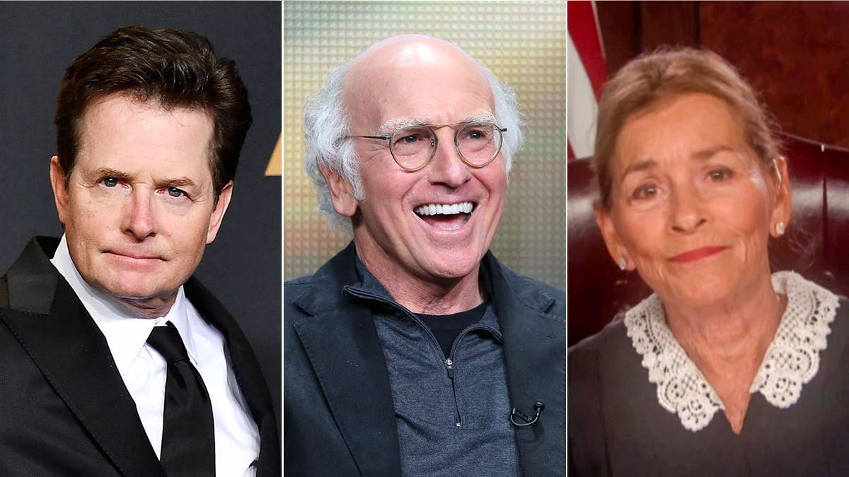 A split of Michael J Fox, Larry David and Judge Judy