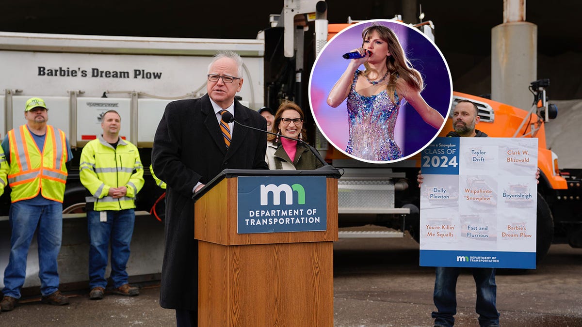 Gov. Tim Walz split with a circle inset of Taylor Swift