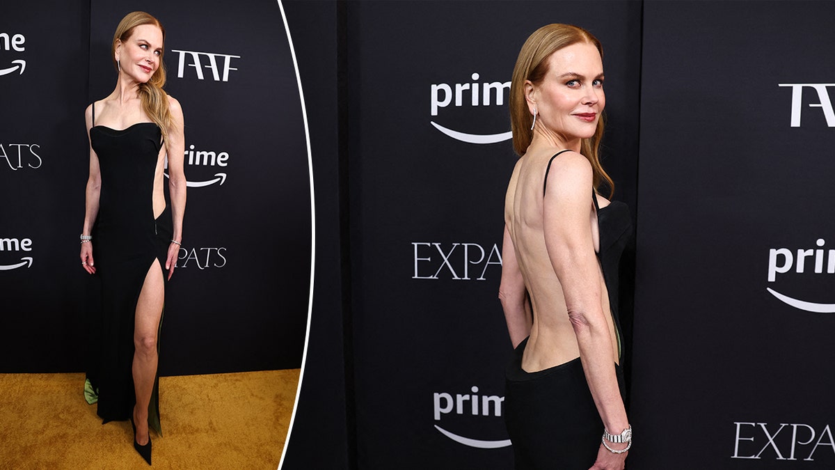 Nicole Kidman in a green velvet dress with a slit on the carpet split a backless view 