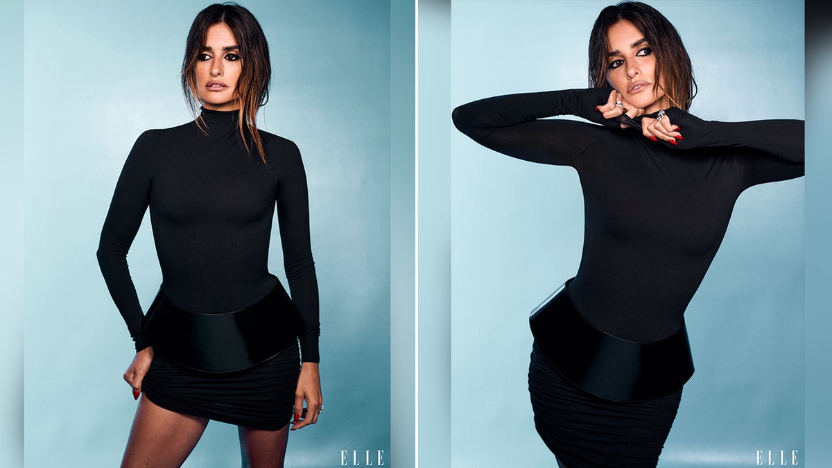 Penélope Cruz in a black dress poses for Elle in two different pictures