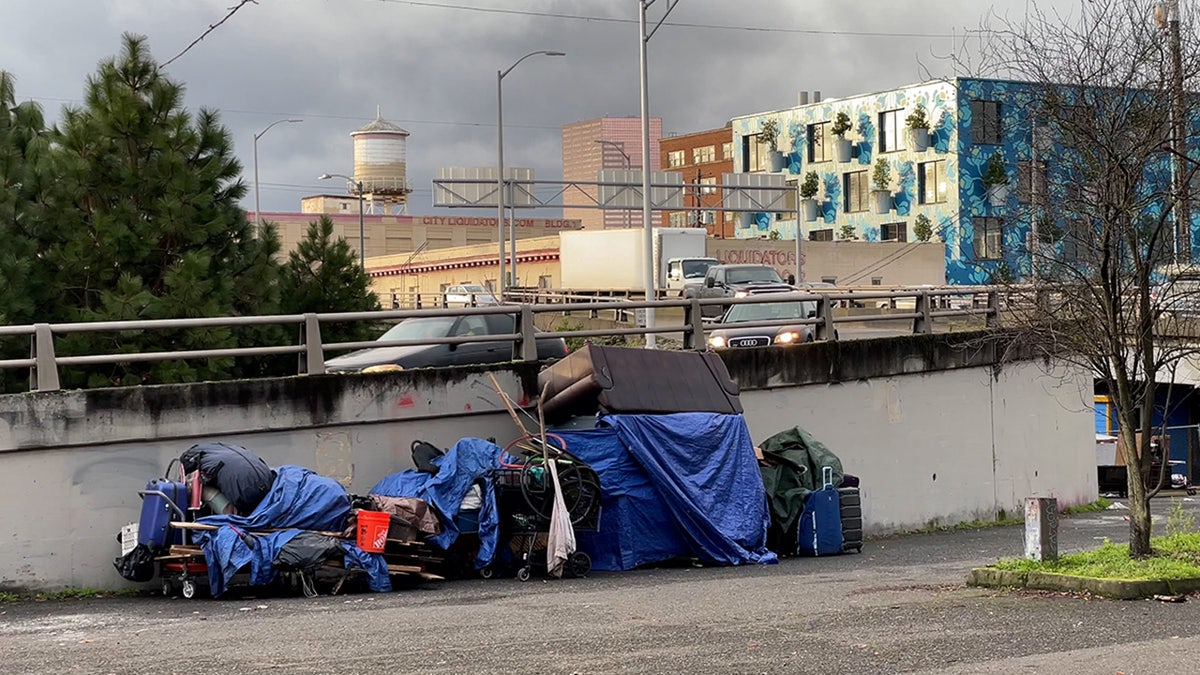 Tarps and piles of belongings sit near a busy road with the Portland skyline behind them