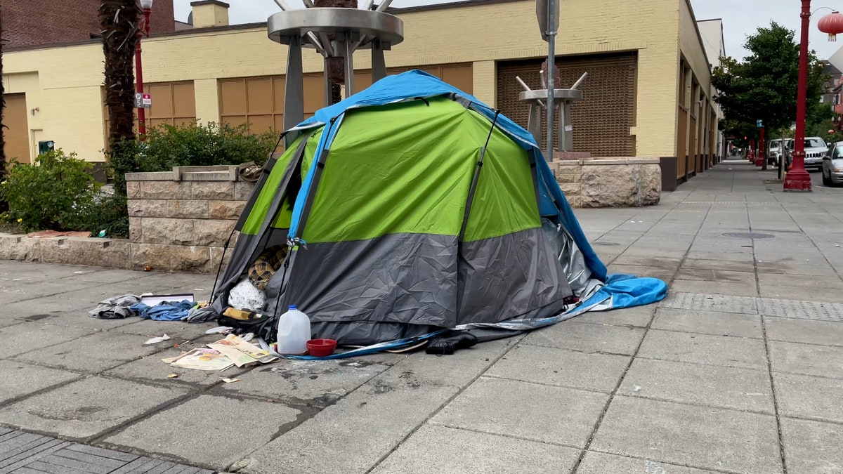 Large tent on sidewalk in Portland