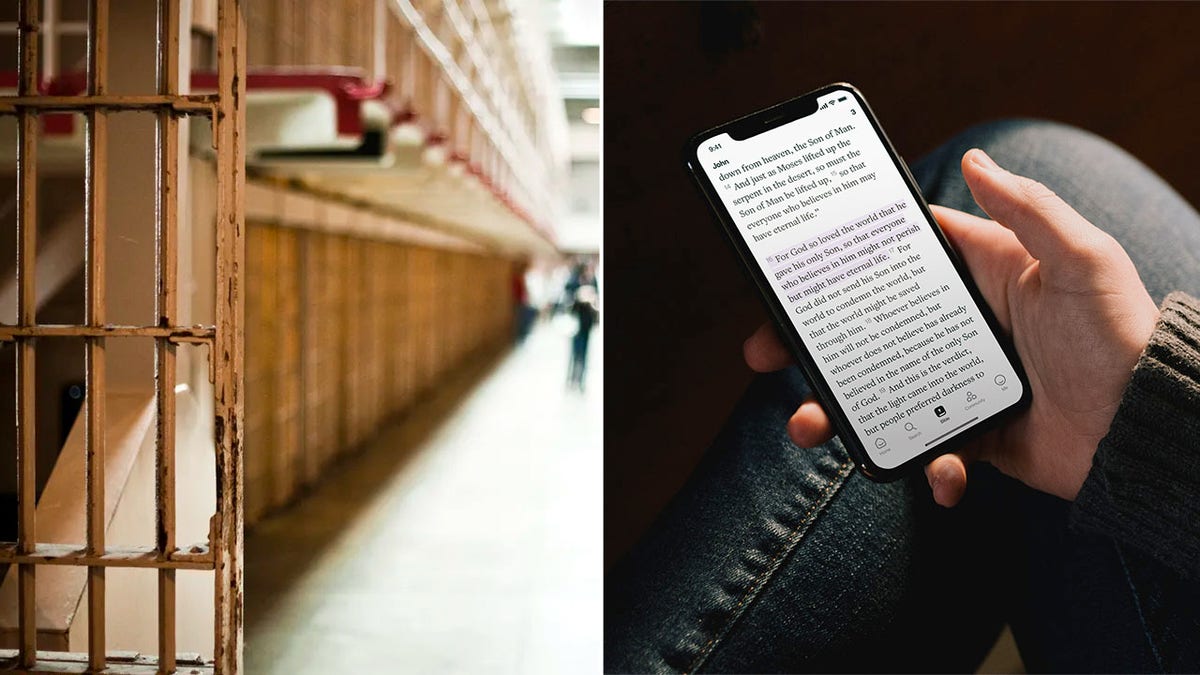 Prison hallway split with image of Hallow app on phone