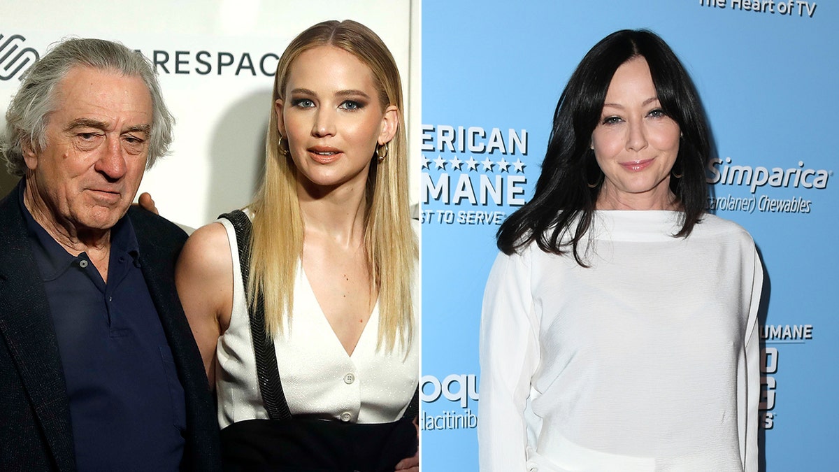 Robert De Niro and Jennifer Lawrence on the carpet pose together split Shannen Doherty on the carpet in a white dress