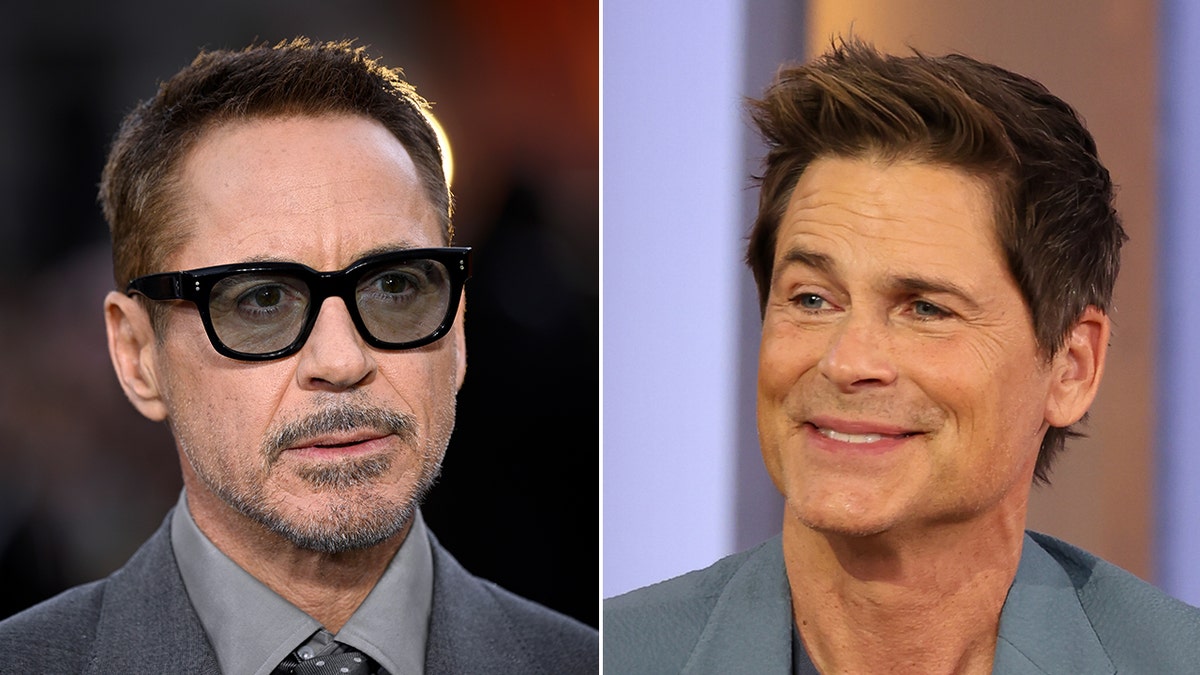 Rob Lowe looks serious in a grey suit and shirt with dark black rimmed glasses looking to his left split Rob Lowe has a funny smile and looks to his right