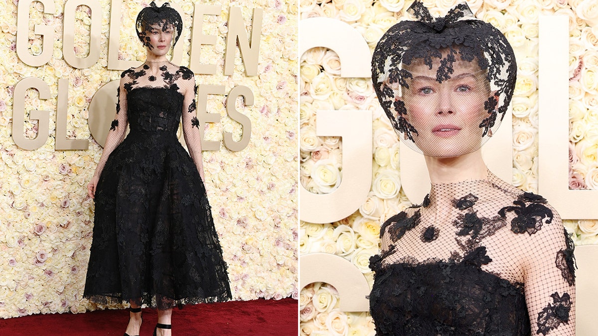 Rosamund Pike walks Golden Globes red carpet wearing black lace