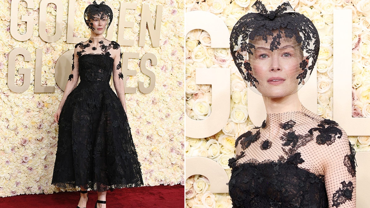 Rosamund Pike se pasea por la alfombra roja de los Globos de Oro vestida de encaje negro