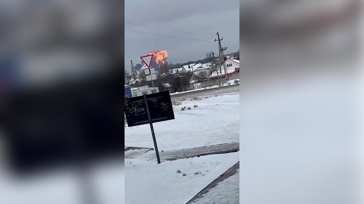 An explosion can be seen where a Russian military transport plane crashed in Belgorod, Russia