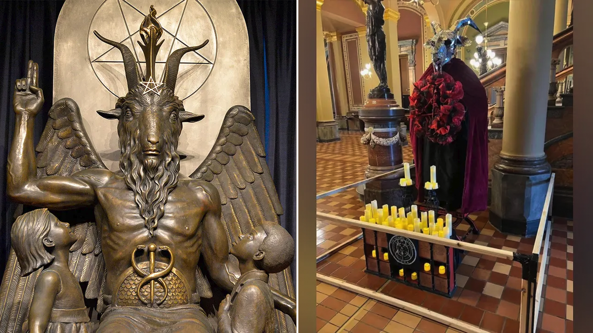 Satanic statue split image