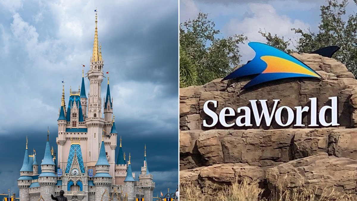 A split image of Disney World and SeaWorld