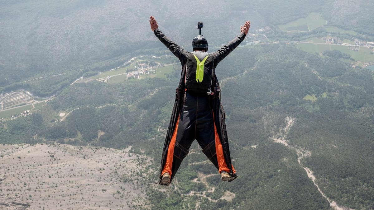 A base jumper in a wingsuit.