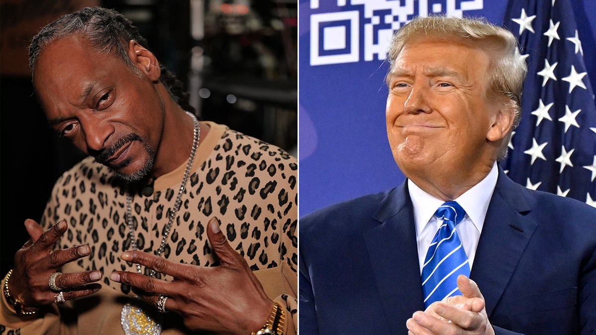 Snoop Dogg com um suéter com estampa de leopardo inclina a cabeça para uma foto dividida Donald Trump junta as mãos no palco com uma gravata listrada azul