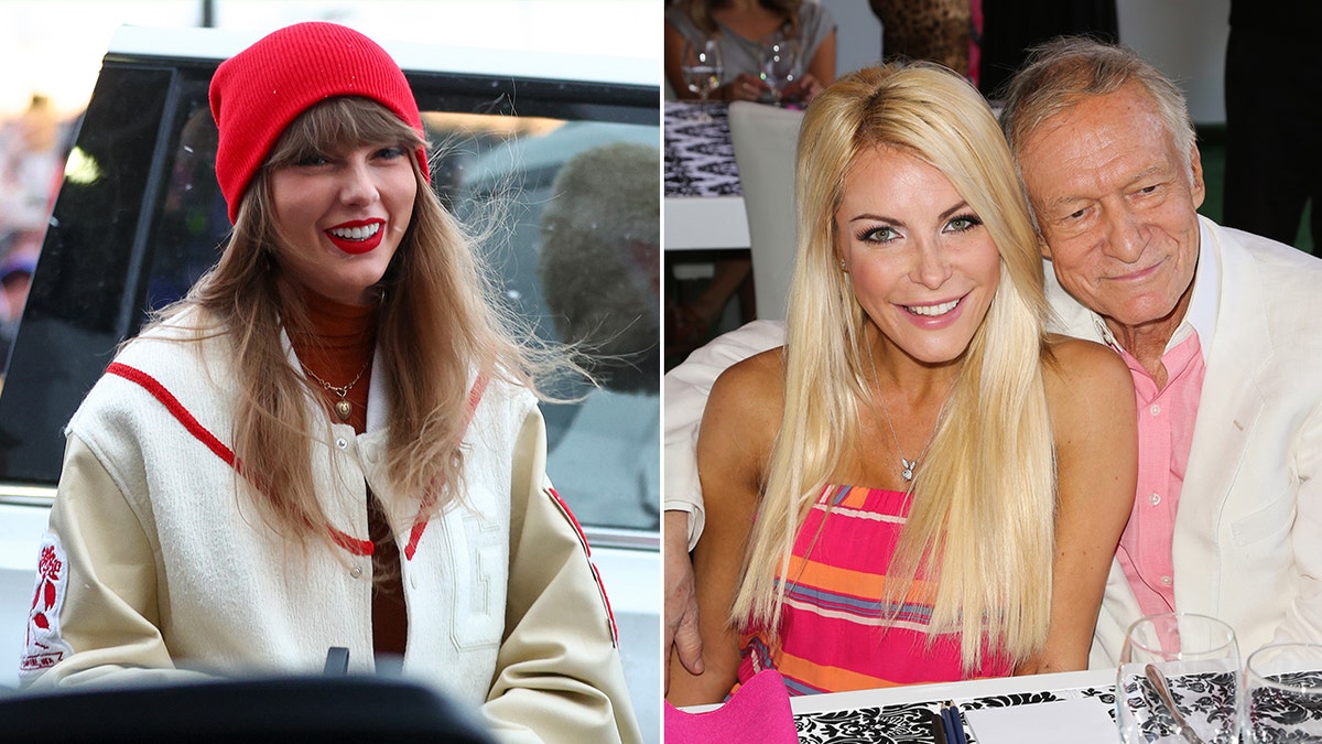 Taylor Swift in a cream jacket and red beanie arrives to the Chiefs vs. Bills game in Buffalo split Crystal Hefner in a vibrant striped top poses next to Hugh Hefner in a white jacket and pink shirt