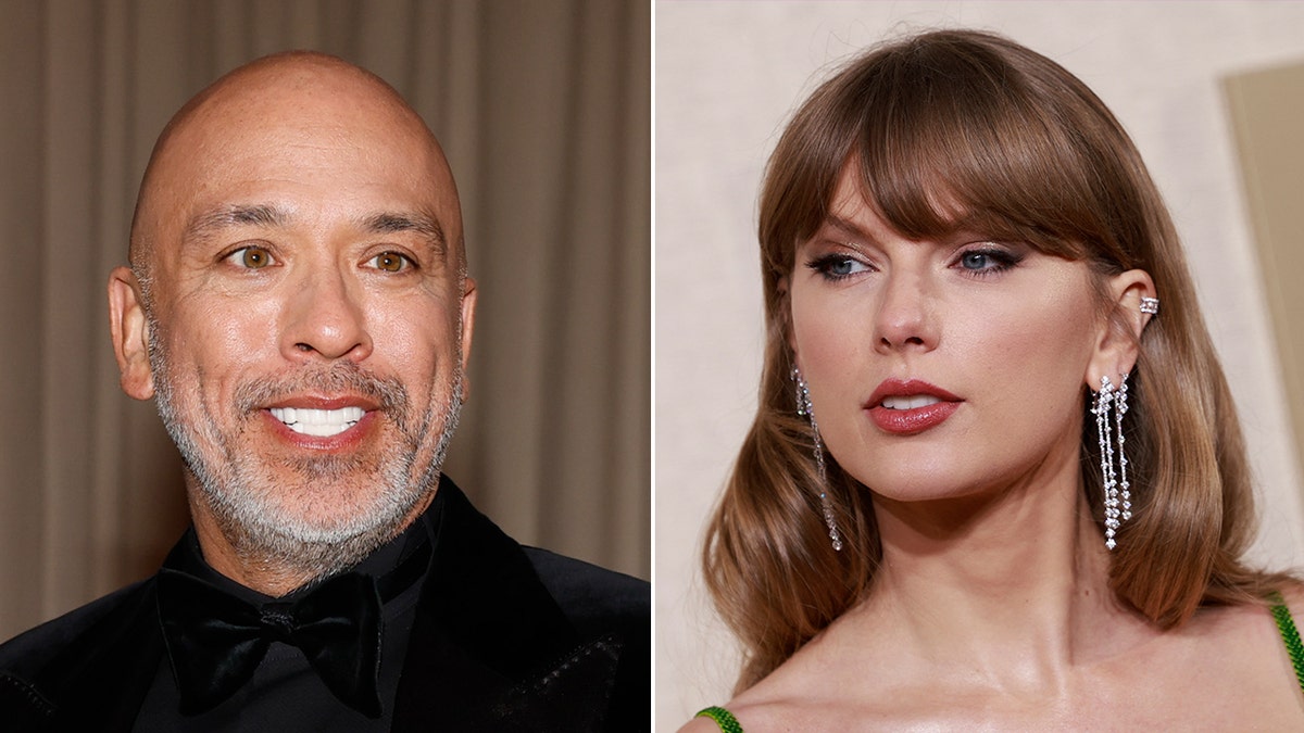 Jo Koy smiles in black and looks to his left while Taylor Swift looks fierce on the carpet and looks to her right