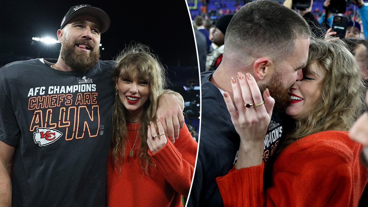 Taylor Swift holds on to Travis Kelce as they walk on the field, split the couple kisses