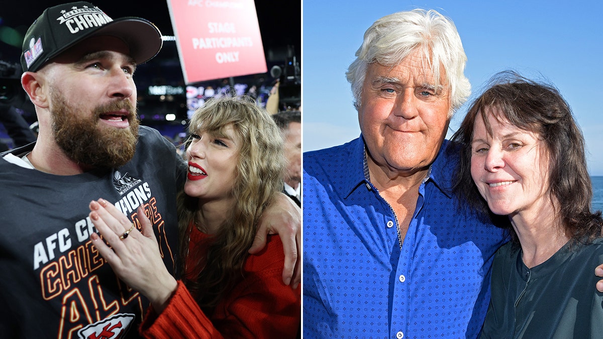 Taylor Swift in a red sweater looks up lovingly at Travis Kelce on the field after he wont the AFC Championship game with the Kansas City Chiefs split Jay Leno in a bright blue shirt smiles with wife Mavis