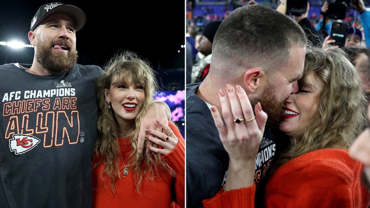 Taylor Swift e Travis Kelce se abraçam após o jogo do Kansas City Chiefs