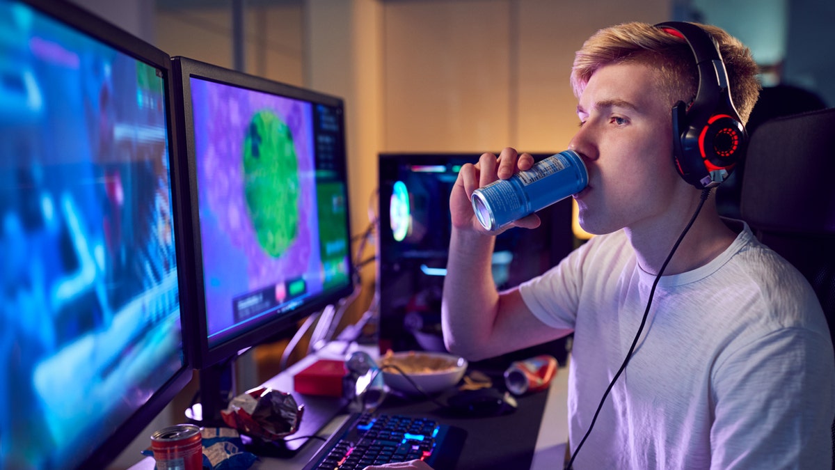 Teen boy gamer energy drink