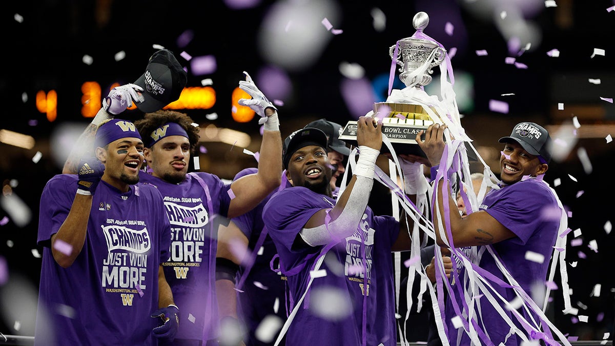 Michael Penix celebrates winning the Sugar bowl