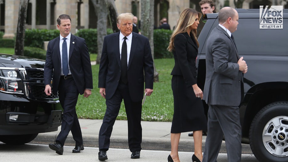 Former President Donald Trump departs the funeral of mother-in-law Amalija Knavs alongside his wife Melania