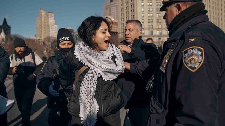 manifestantes en el puente de Brooklyn