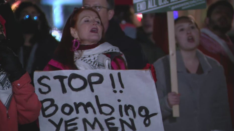 Demonstrators protest Biden bombing Yemen outside White House