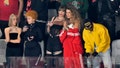 Ashley Avignone, from left, Ice Spice, Taylor Swift and Blake Lively talk before the NFL Super Bowl 58 football game between the San Francisco 49ers and the Kansas City Chiefs on Sunday, Feb. 11, 2024, in Las Vegas. (AP Photo/David Becker)