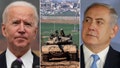 President Biden in between a photo of an IDF tank and Israeli PM Benjamin Netanyahu