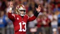 Brock Purdy #13 of the San Francisco 49ers celebrates after a touchdown during the fourth quarter of the NFC Championship NFL football game against the Detroit Lions at Levi's Stadium on January 28, 2024 in Santa Clara, California.