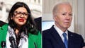 Democratic squad member Rashida Tlaib, D-Mich., left and President Biden, right