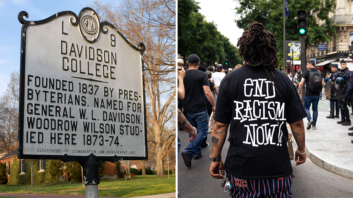 photo of Davidson College campus sign and antiracism protester