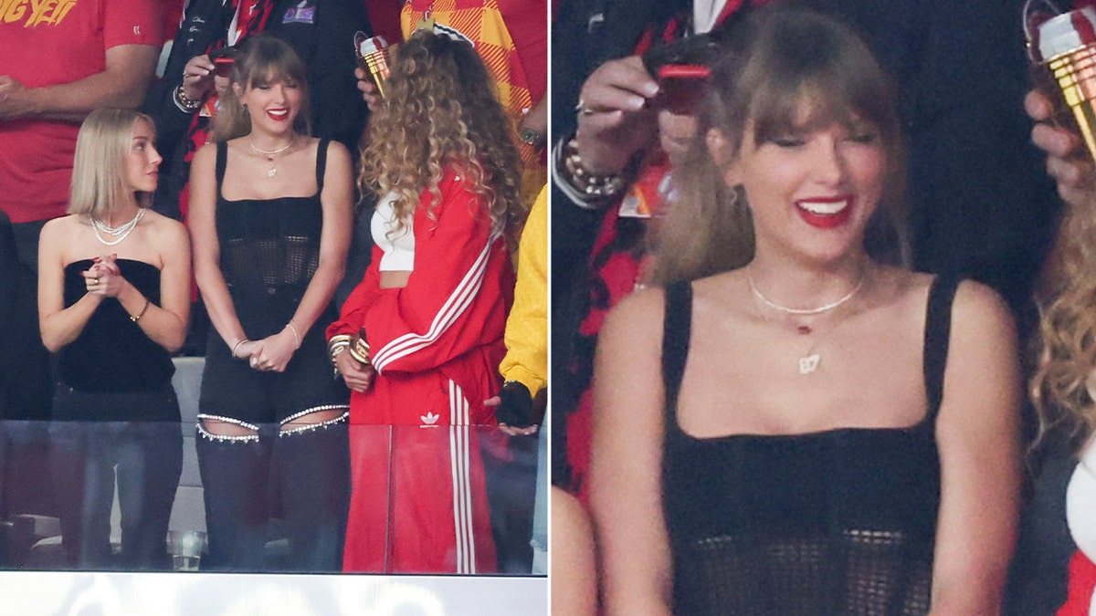 Taylor Swift com Blake Lively no Super Bowl LVIII lado a lado, um close do colar 87 de Taylor Swift