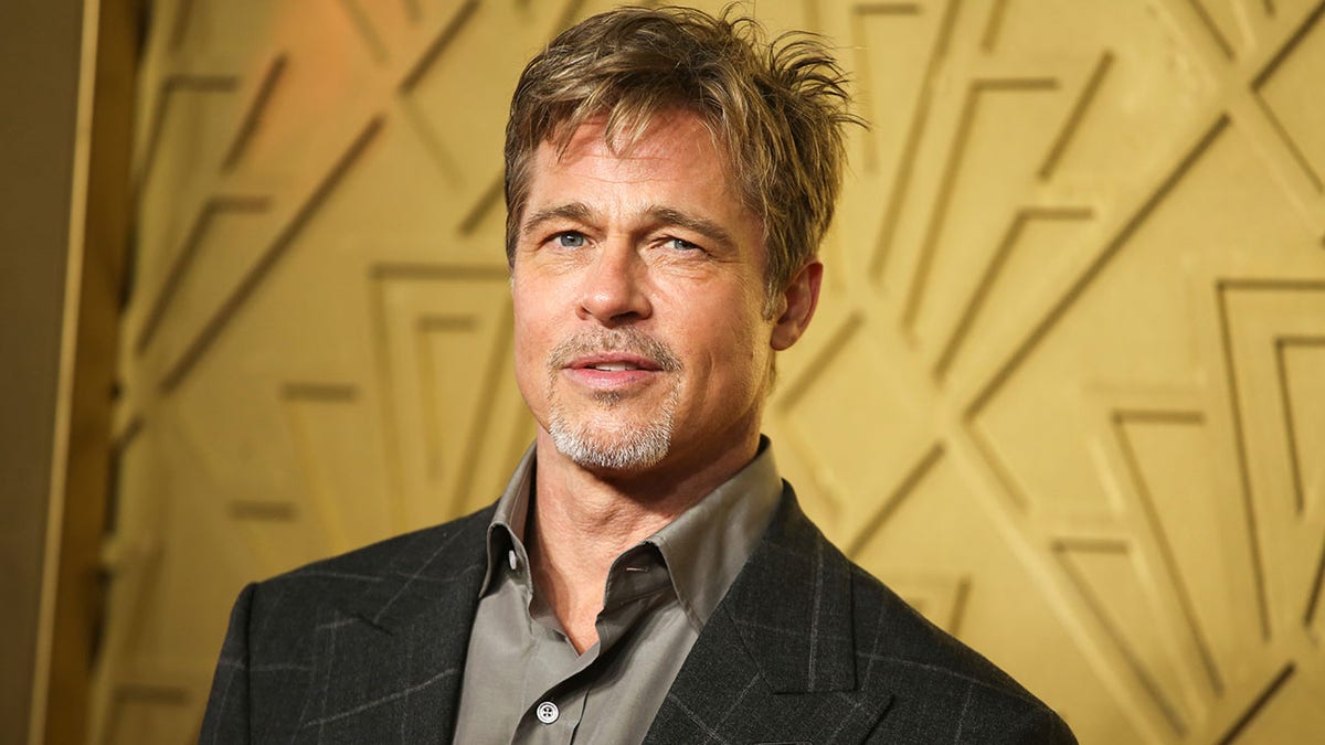Brad Pitt smirks on the carpet in a dark jacket and grey shirt