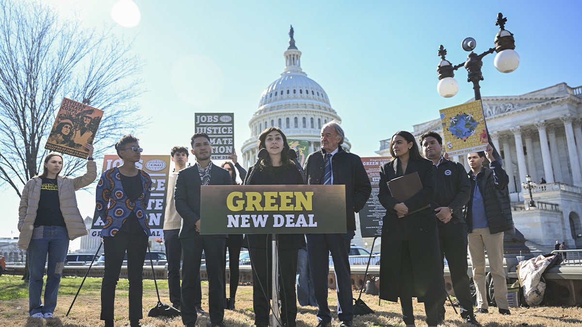 An climate activists speaks during the Green New Deal press conference this week.
