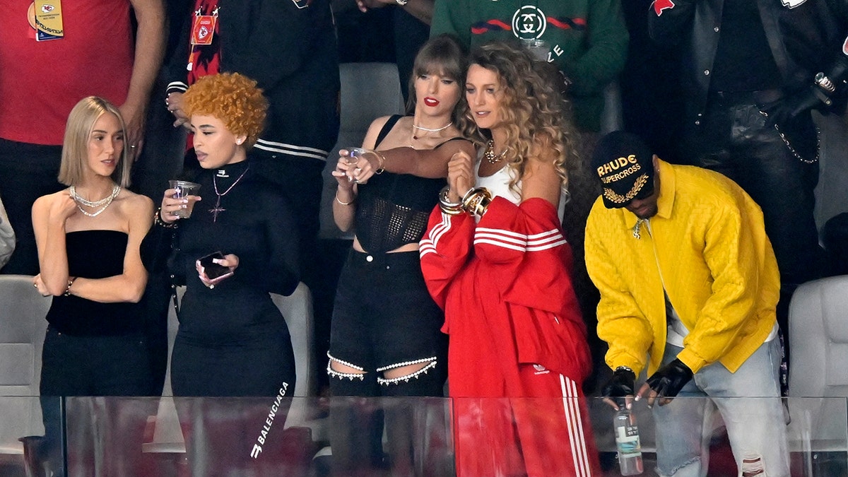 Ashley Avignone in the stands at Super Bowl LVIII, from left: Ice Spice, Taylor Swift, Blake Lively
