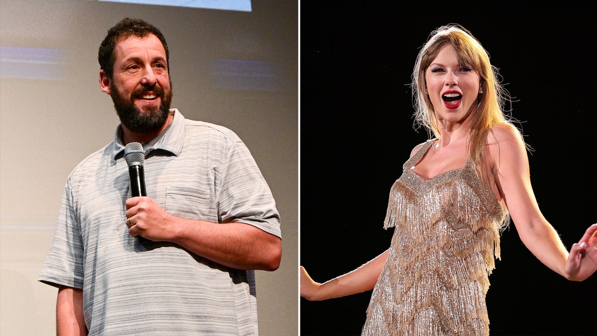 A side by side photo of Adam Sandler and Taylor Swift