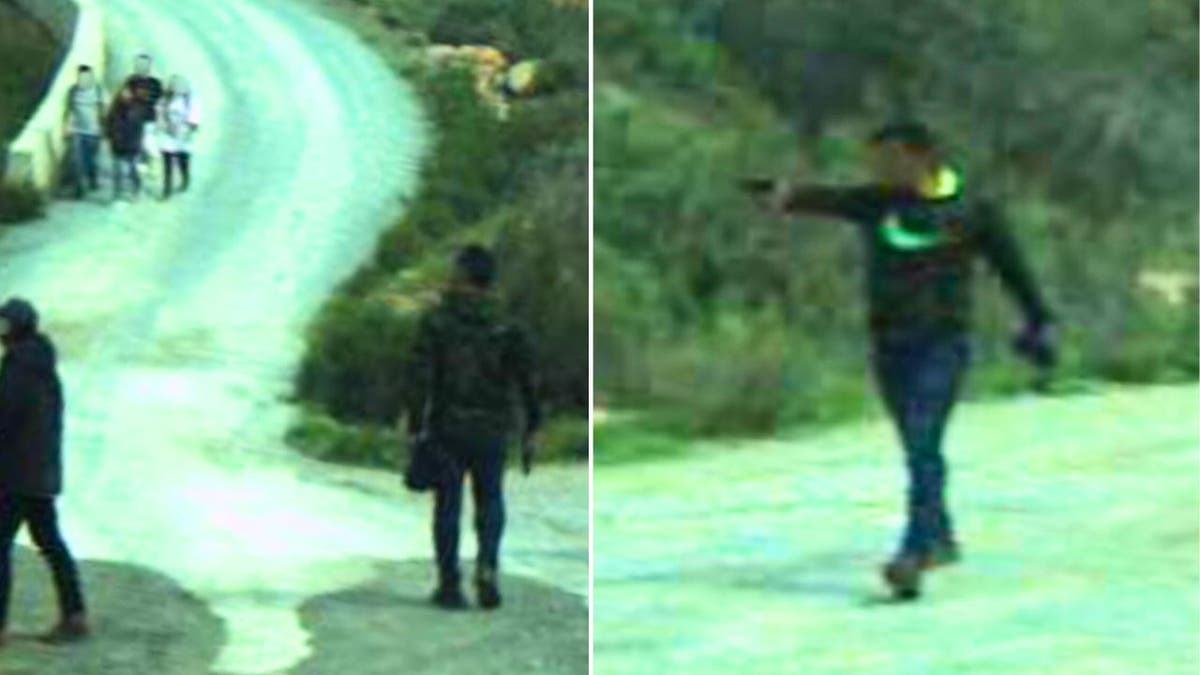 A grainy collage of armed men robbing groups of migrants