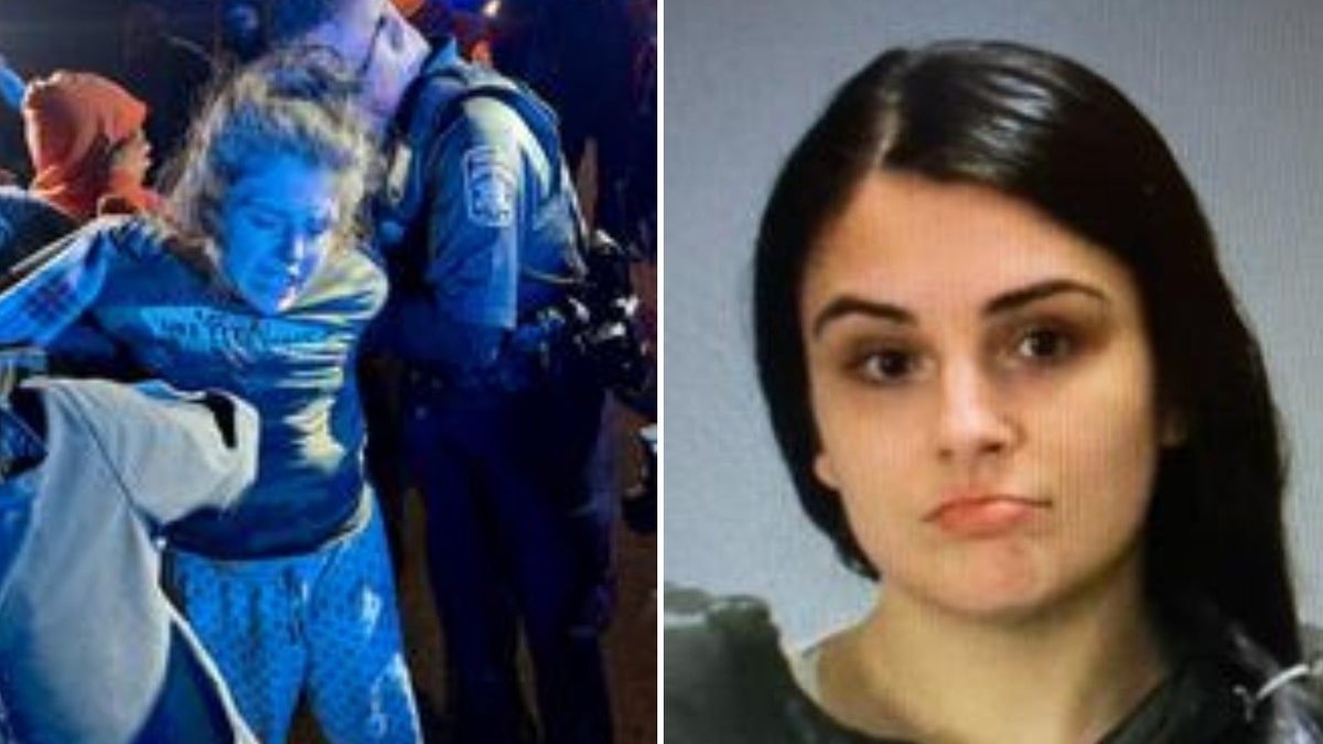 A split image of Brandi Cannon being apprehended and Cannon's mugshot