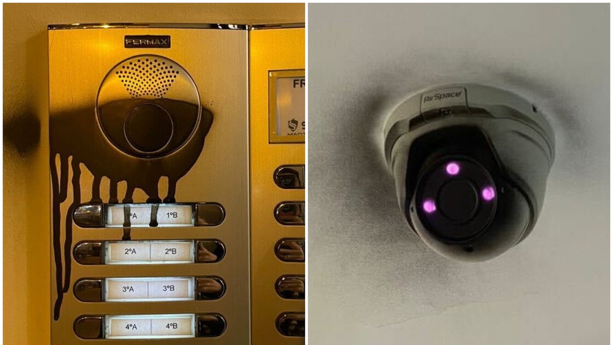 Spray-painted security cameras in Ana Maria Knezevic's Madrid apartment building