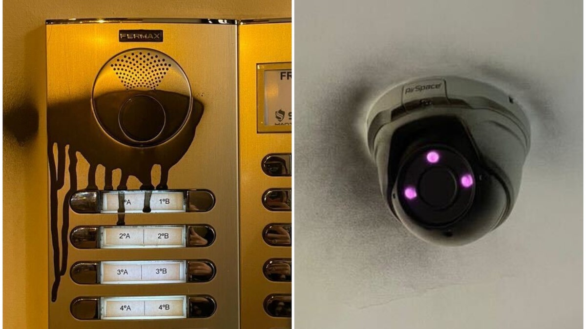 Spray-painted security cameras in Ana Maria Knezevic's Madrid apartment building