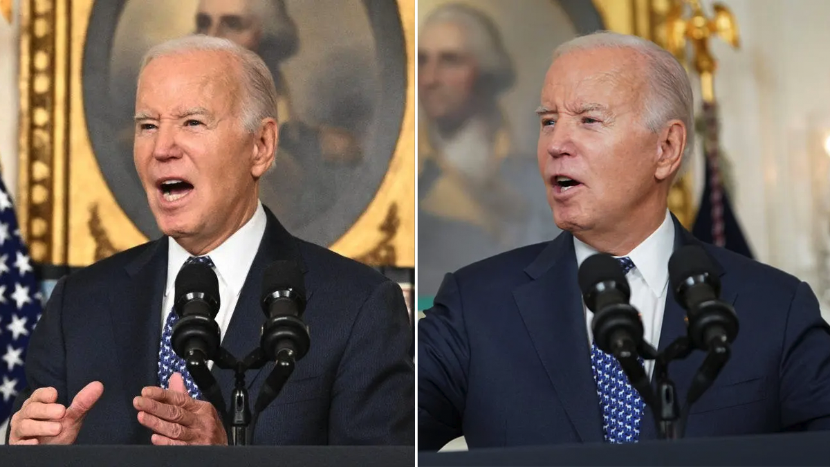Imagem dividida da conferência de imprensa do presidente Joe Biden