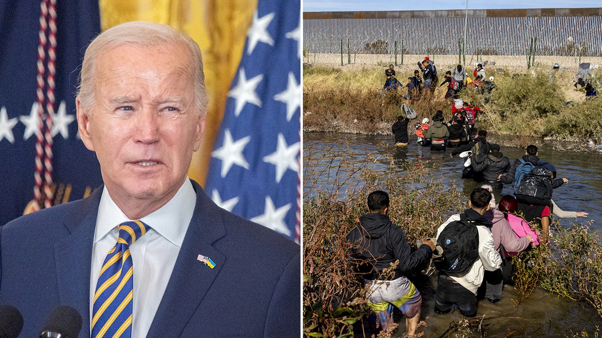 President Biden with US flag behind him, left; migrants wade over river near border wall, right