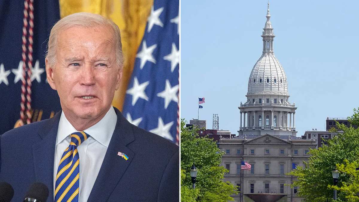 left: Joe Biden; right: Michigan State Capitol split image