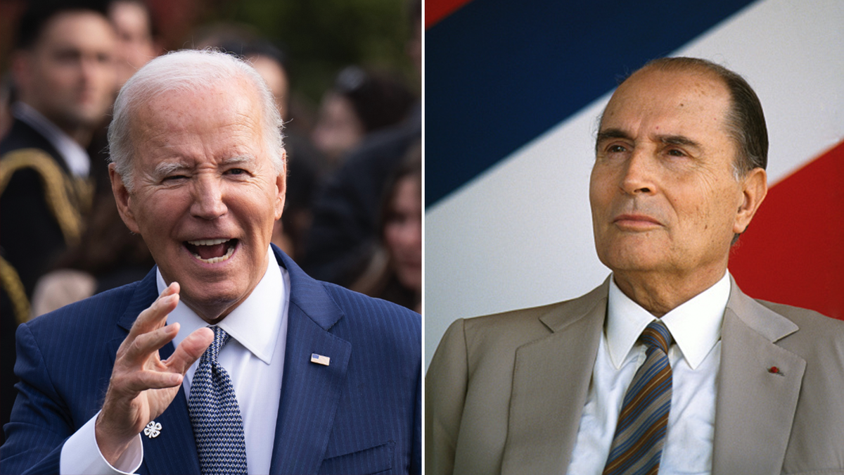 President Joe Biden and Francois Mitterand split image