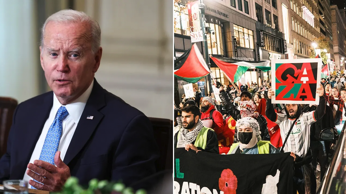 Imagen dividida del Presidente Biden y la protesta