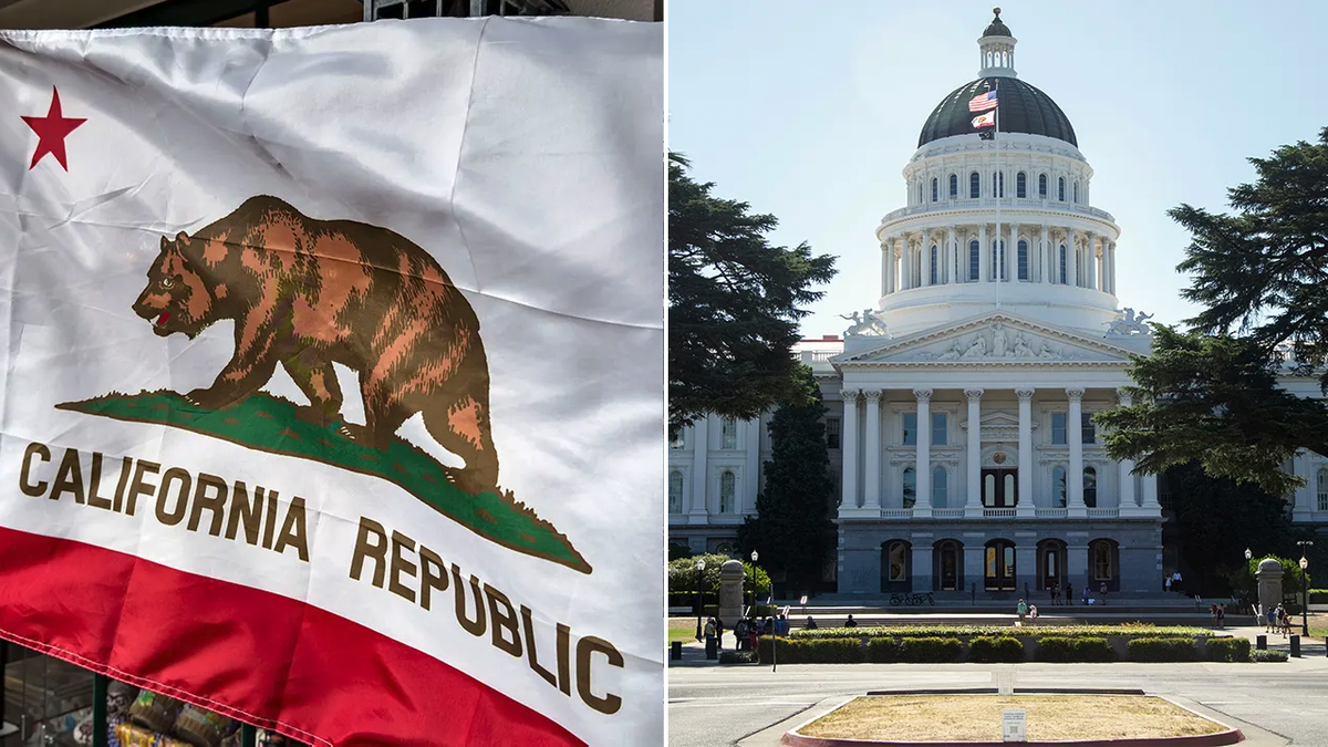 California flag and state capitol split image